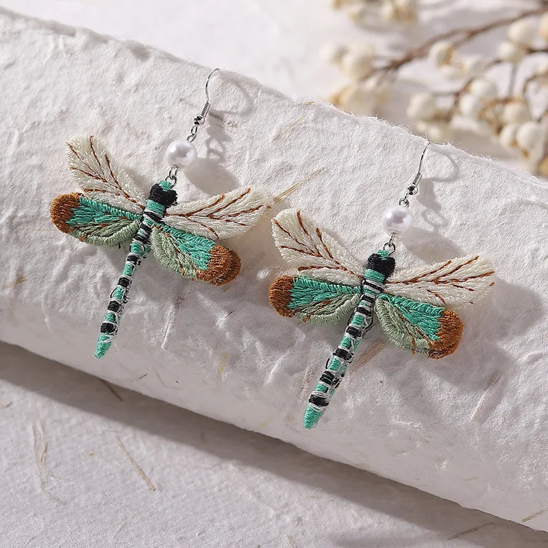 New European and American retro dragonfly earrings with female personality, ethnic style, animal fabric earrings