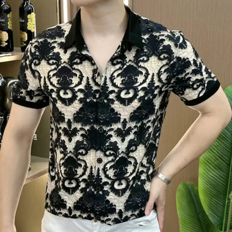 Paisley Jacquard Mens Short Sleeve Shirts Summer Casual Designer Club Shirt Fashion Personalized Relief Pattern Hawaiian Shirt