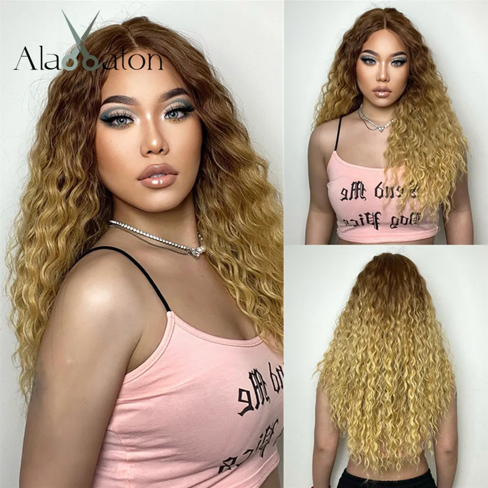 

ALAN EATON Ombre Brown Curly Lace Front Wig for Black Women Long Brown Lace Synthetic Wig Brown Natural Hairline Daily Fake Hair