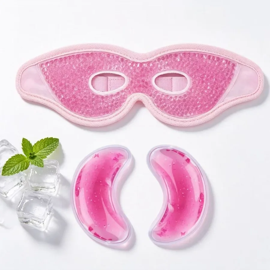 Pink 3Pcs Gel Eye Set, 1 Hollow-Out Cooling Eye Cover & 2 Gel Pads, Breathable Design for Eyes Face, Portable Travel Gift