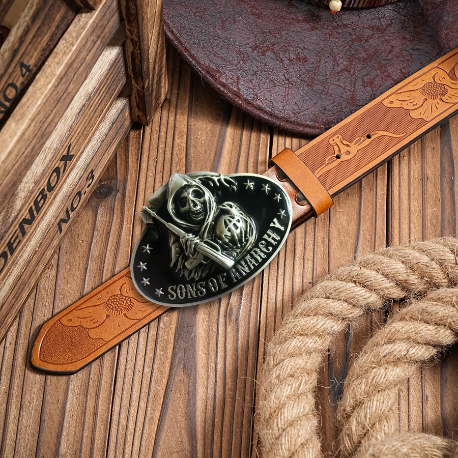 Cinto jeans masculino ocidental, cinto retrô, caveira, foice, fivela, hip-hop, personalidade, estilo retrô, unissex, combinando, jeans/calças casuais