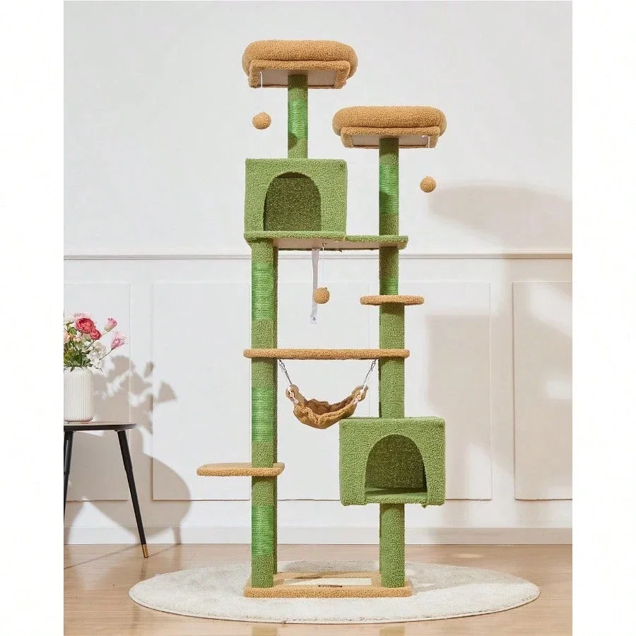 

68 Inch Plush Multi-Level Cat Tree With 6 Scratching Posts 2 Caves Hammock And Perches