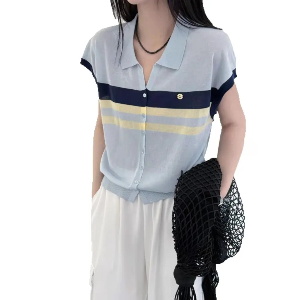

Women's Lyocell Tencel Linen Short-Sleeved Cardigan Polo Collar Knitwear Top Korean Summer Style with Contrasting Stripes