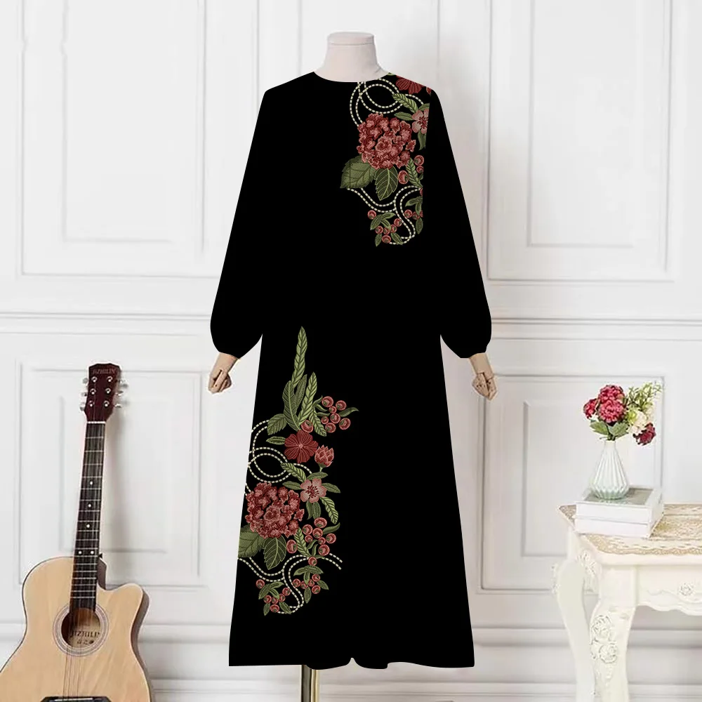 Demure Muslim Islam Abaya Women Muslim Dress female Clothing O-neck Long Sleeve Print Abaya Dubai Turkey Casual Robe Vestidos