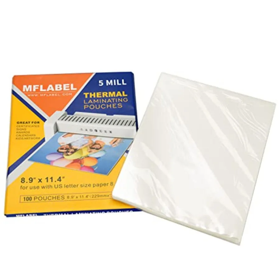 

Thermal laminating pouches for photos, files, drawings; clear plastic, 8.9 x 11.4 inches, 5 mil thickness, high-clarity finish