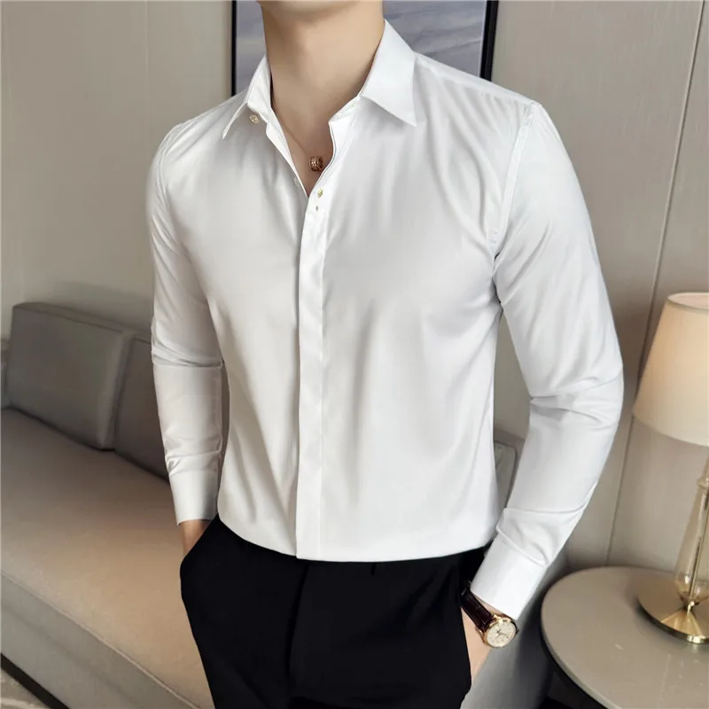 Men Shirts 2024 Spring British Style Anti-wrinkle High-EndSoft Solid Casual Elastic Slim Fit Shirt Long Sleeved Camisas Y Blusas