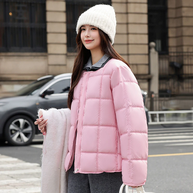 Nuevas Parkas holgadas con cuello redondo para mujer, chaquetas acolchadas de algodón para invierno, abrigos sólidos de manga larga a cuadros con estampado estéreo para estudiantes