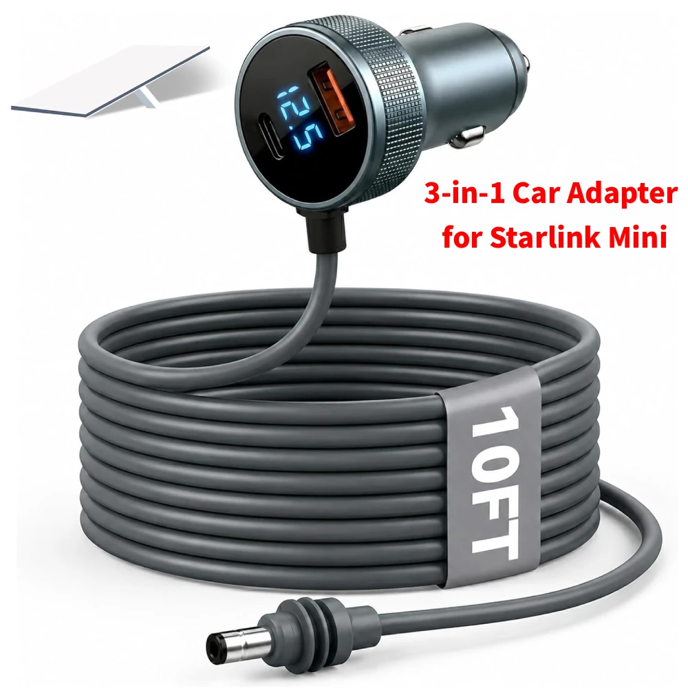 3-Meter-Autoladegerät DC-Stromkabel für Starlink Mini Zubehör USB-Stromkabel Zigarettenanzünder-Adapter mit Digitalanzeige