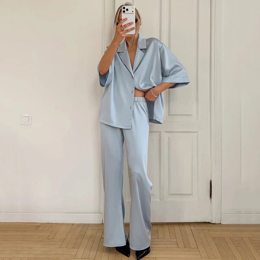 

Hiloc Elegant Satin Women's Long Pants Suit Pajamas Office Lady Lapel Shirts With High Waist Pants 2 Piece 2026 Summer Home Sets