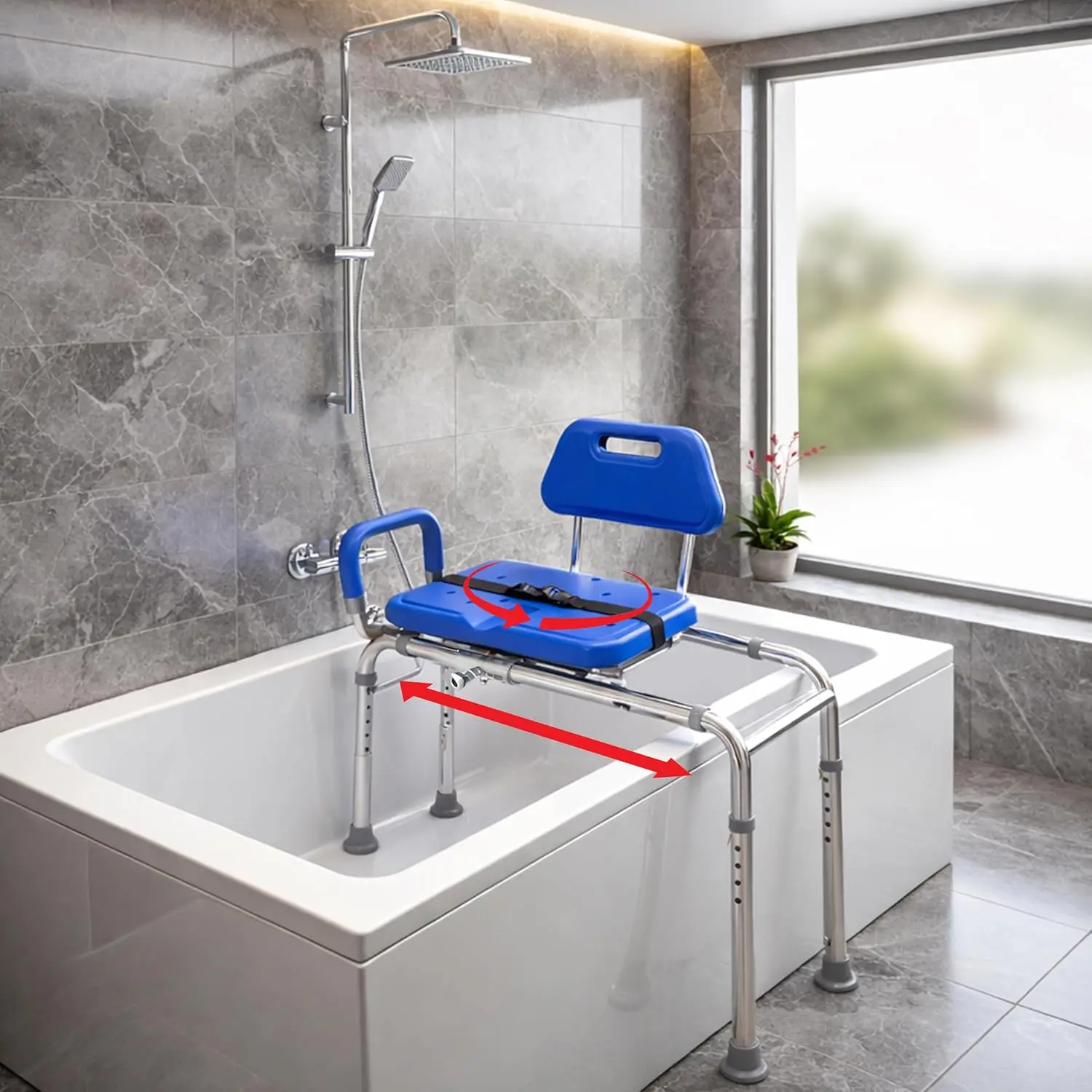 Premium Sliding Shower Chair with Swivel Padded Seat for Tubs and Showers, Ideal for Handicap & Seniors Mobility, Blue