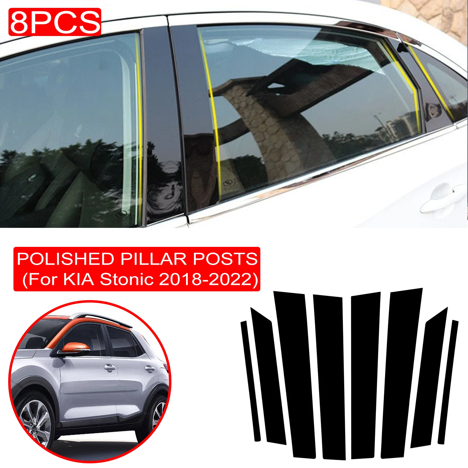 8PCS Polished Pillar Posts Fit For KIA Stonic 2018-2022 Car Window Trim Cover BC Column Sticker