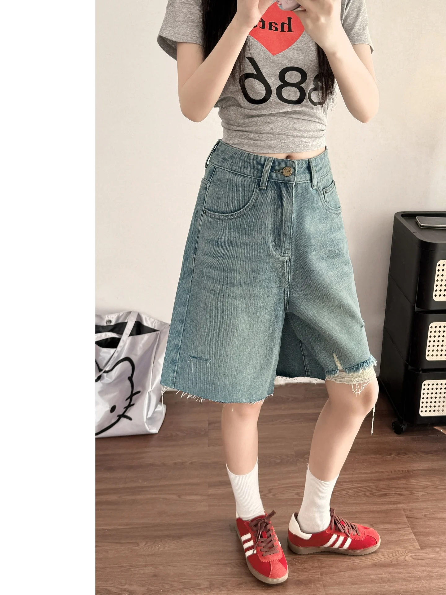 

American High Street Ripped Wide Leg Five-Quarter Denim Mid-Pants Women's High Waist plus Size Slimming Loose Straight ort ...