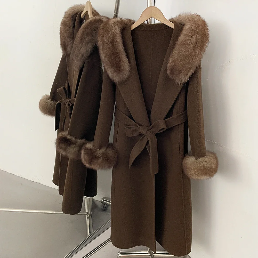 OFTBUY New Winter Warm Hood Solid Woolen Overcoat for Women Long Wool Blend Coat Women Real Fox Fur Belted Waist Jacket Female