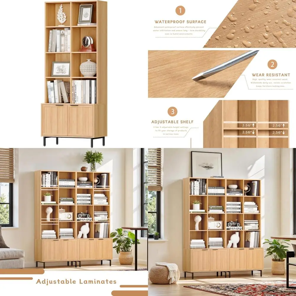 Estante de madeira ajustável de 4 camadas estilo fazenda com portas, armário de armazenamento para sala de estar, escritório, cozinha