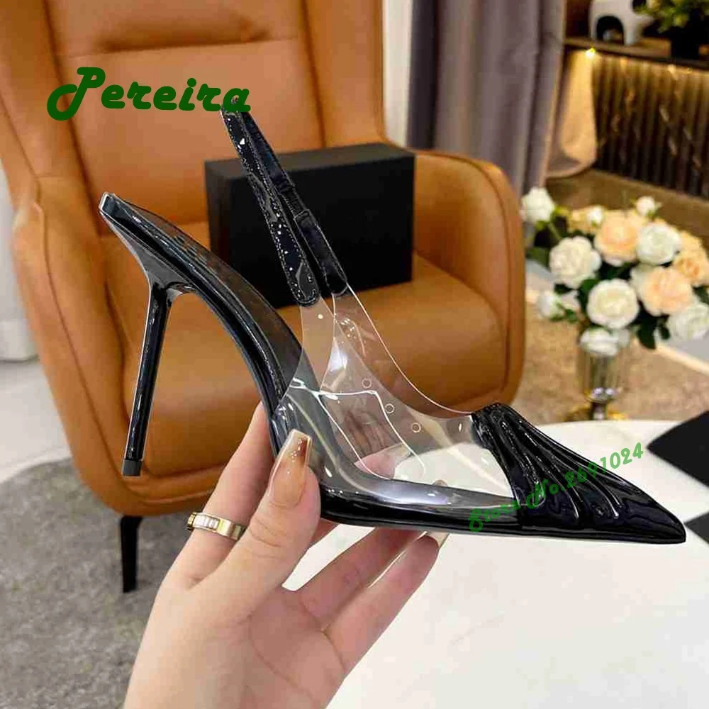 Patchwork Pvc Slingback Pumps Black Pointy Toe Stiletto Heels Pleated Slip On Patent Leather 2023 New Summer Party Shoes Sexy