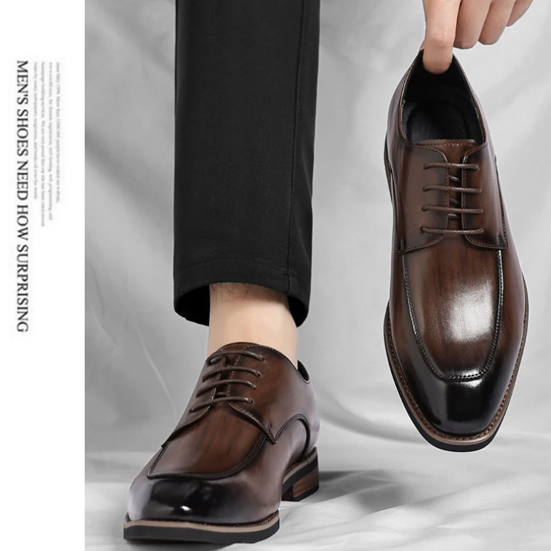 

Mens Brown Gradient Leather Lace Up Dress Shoes Square Toe Block Heel Formal Business Wedding Party Office Work Shoes Classic