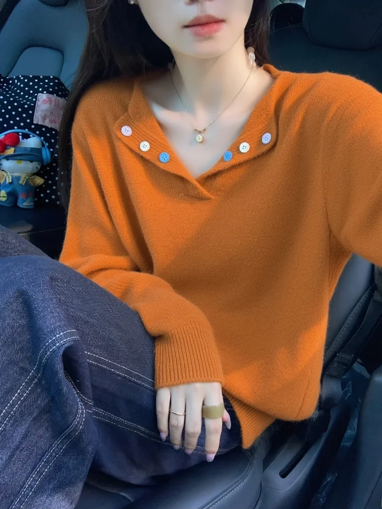 

Оранжевый вязаный свитер в стиле ретро, женский дизайн, осень-зима, уникальный мягкий длинный свек, облегающий топ с открытым воротником