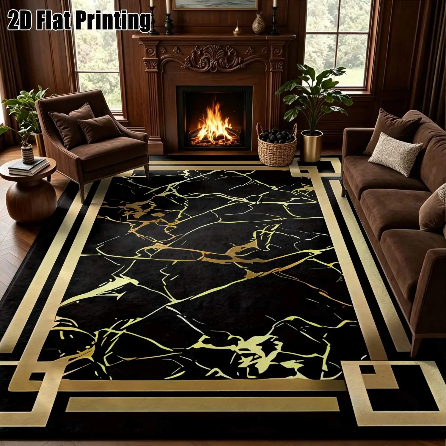1Pc 2D Printed Carpet: Black Gold Marble, European/Modern Minimalist/Geometric/Vintage/Instagram Style, Home Decor Floor Mat, Multi-Size, Machine Washable, Suitable for Entrance/Dining/Foyer/Bedroom/Living Room