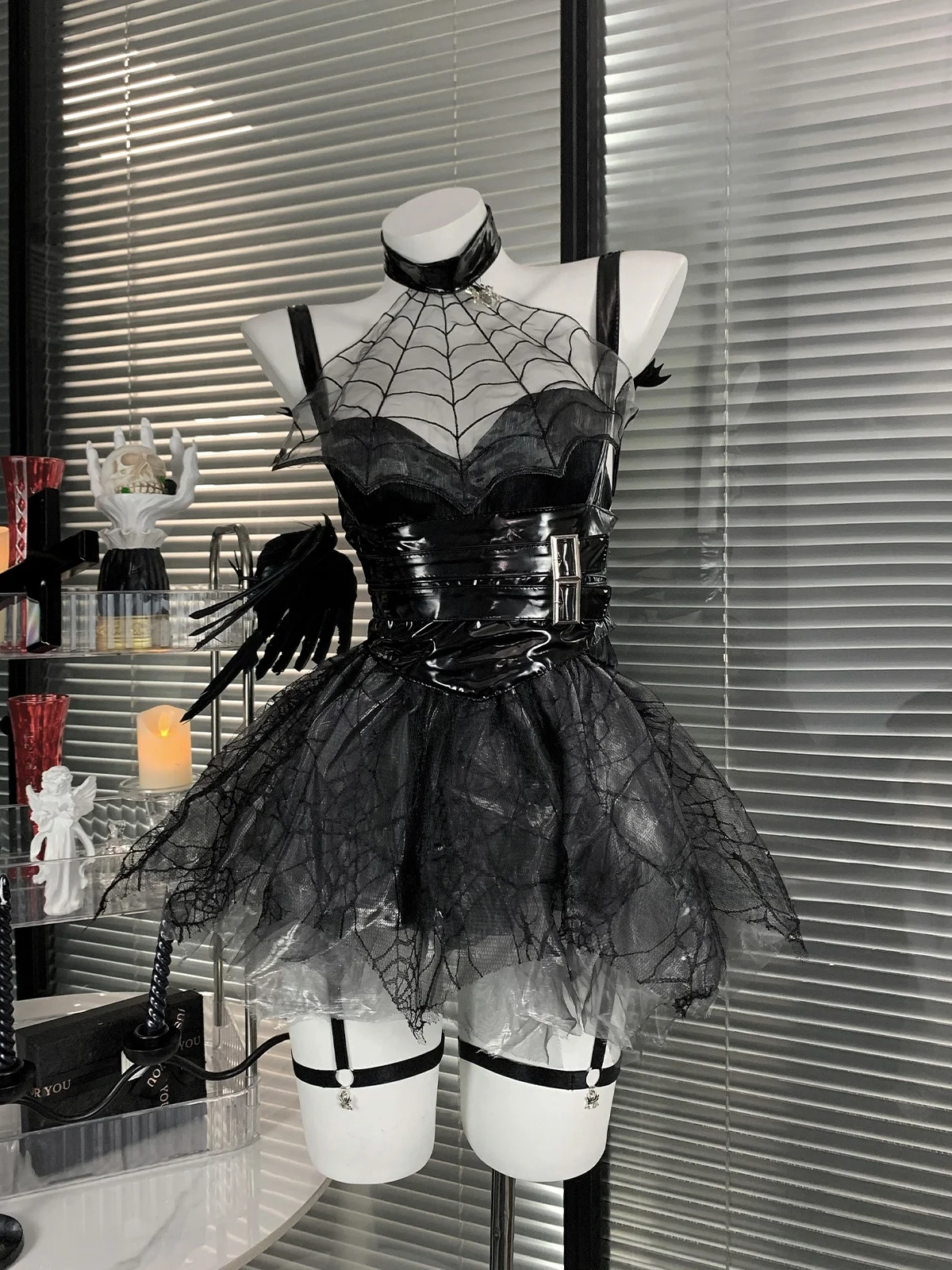 

k Little Devil loween Cosplay Sexy Bal Hollow out Dr Spider Web Restraint Women's High Waist Gown Polyester Fiber
