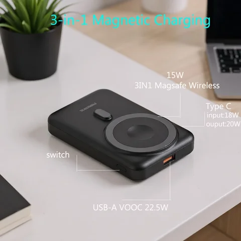 VOOC PD22.5W Powerbank Магнитный беспроводной дисплей 10000 мАч Внешняя батарея для Apple Watch Airpods Magsafe Power Bank Зарядное устройство