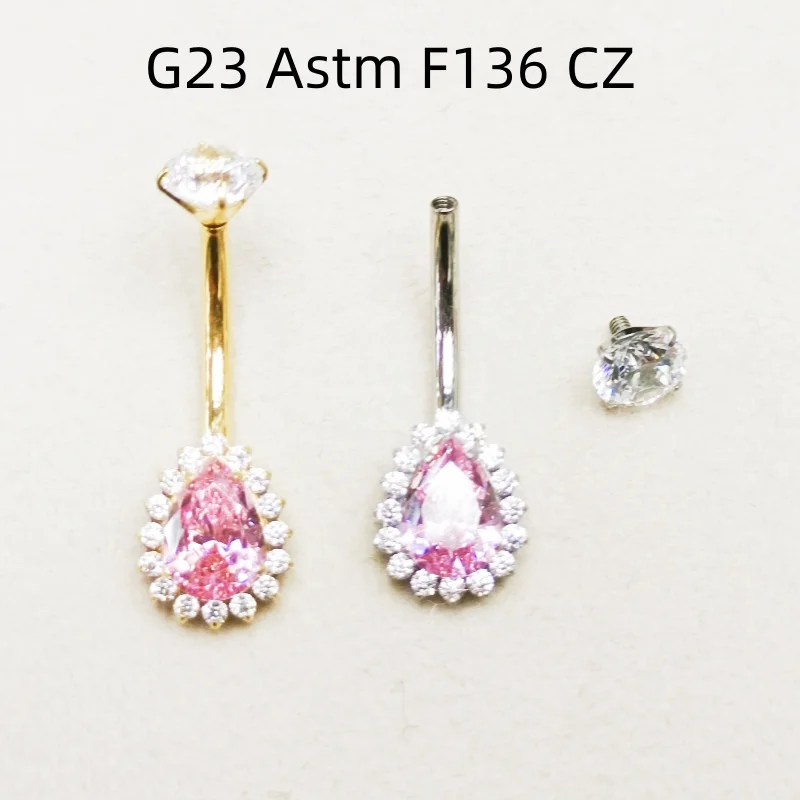 10PCS Body Jewelry-G23 Titanium Smart Sizes 14G  Drop Pink CZ Navel Belly Button Curve Navel Piercing Bbarbells