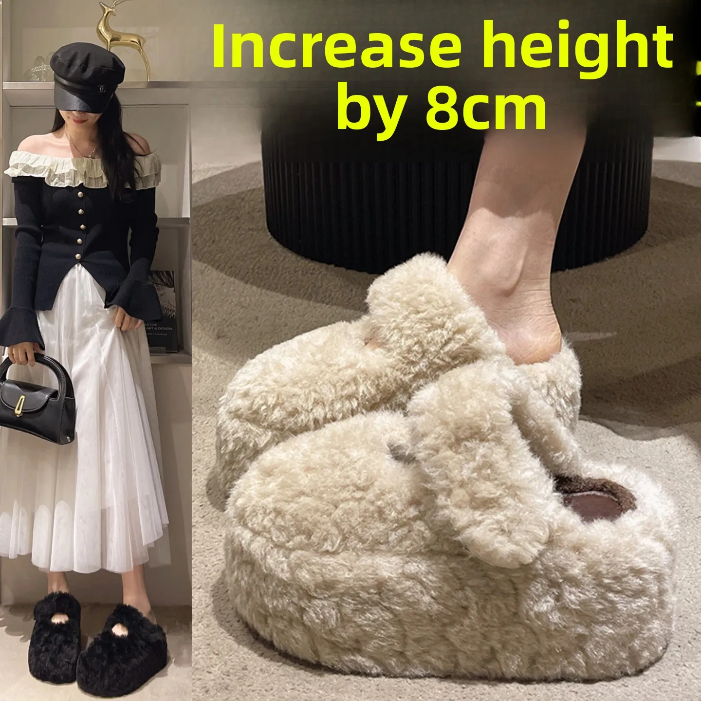 zhaolu-厚底高さアップ女性用ファースリッパハーフスリップオン秋冬新スタイル小さいサイズ-34-綿靴