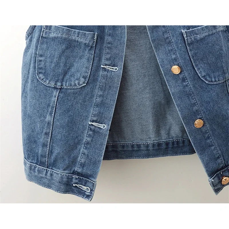 Primavera otoño Vintage azul Stand Collar bolsillo Denim chaleco mujer chaleco vaquero sin mangas chaqueta pantalones vaqueros cortos ajustados chaleco Mujer