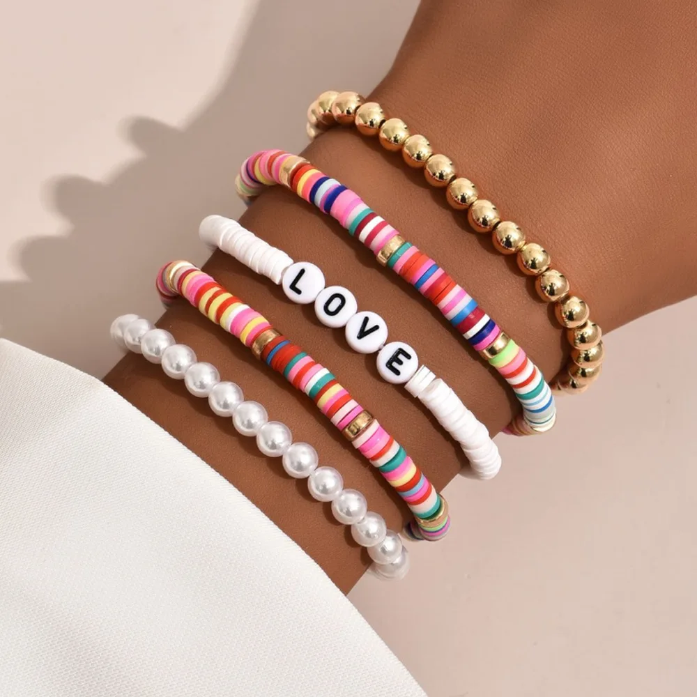 Lucky Clover Rings National Wave Simia Bracelet Colorful Polymer Clay Temperament Pearl Bangles Love5-piece Set Friends 2025