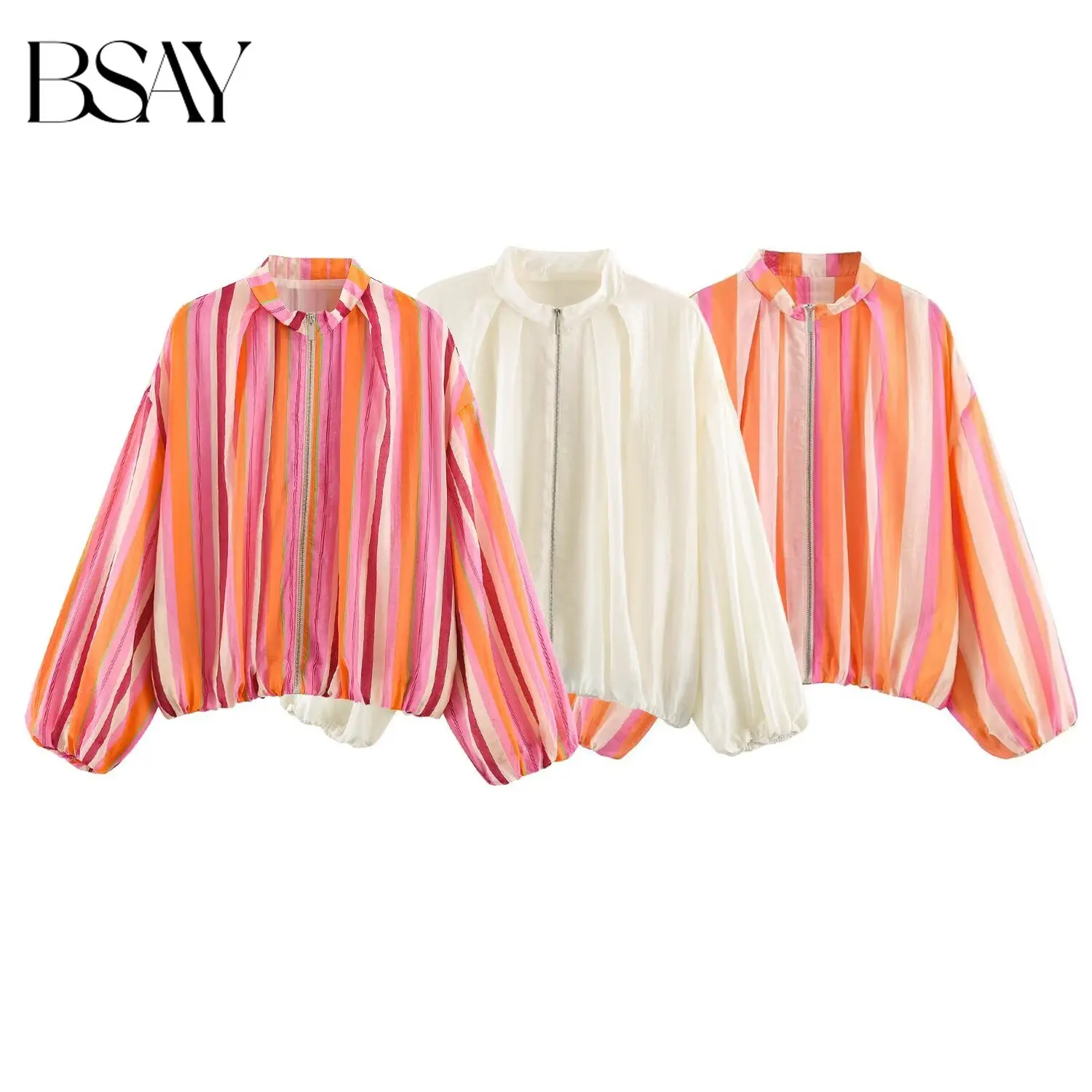 BSAY Women Colorful Vertical Stripe Bomber Jacket Stand Collar Zipper Front Puff Sleeve Elastic Hem Cropped Casual Light Jacket