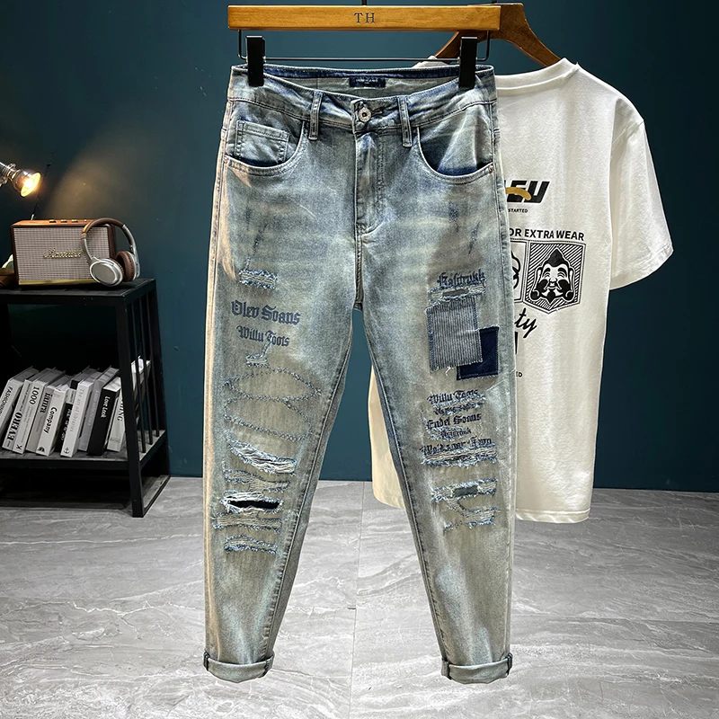 Summer Thin Ripped Letter-Printing Jeans Men's Slim Fit Skinny Handsome Trendy Pants2024All-Matching Fashion Style