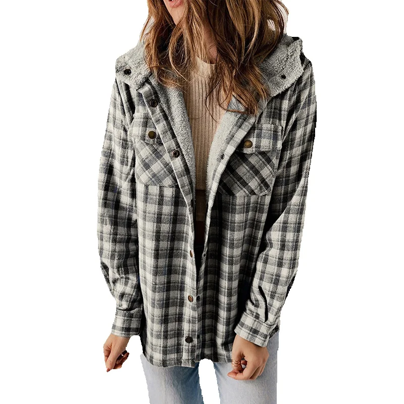 

2023 Winter New Casual Plaid Hooded Woolen Jacket For Women Thick Plush Insulation