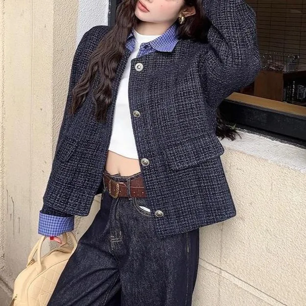 Navy Blue High-End Temperament Plaid Fragrant Short Coat Women's 2025 Autumn New Fashionable Foreign-Style Jackets