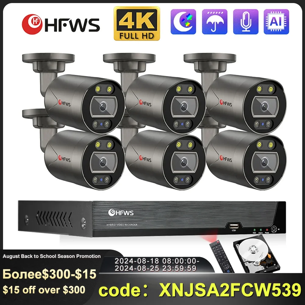 Hfws cctv camera security system kit poe 4k 8MP 8CH H.265 NVR Kit CCTV  Audio Outdoor Video Surveillance IP Camera Set