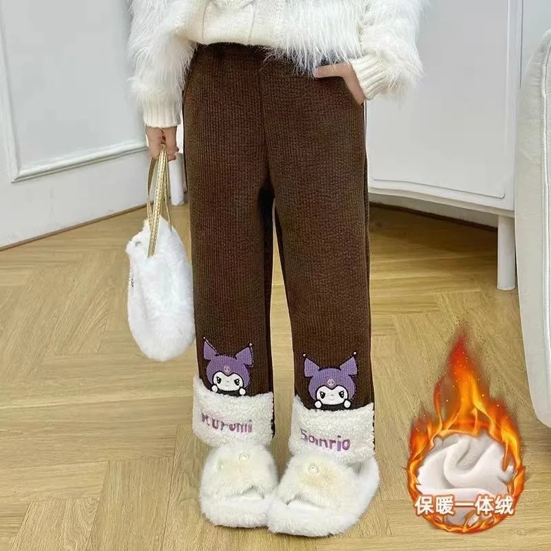 귀여운 Sanrio Kuromi Girls 새로운 달콤한 크리 에이 티브 만화 패턴 캐주얼 패션 두꺼운 따뜻한 부드러운 피부 친화적 인 중반 바지