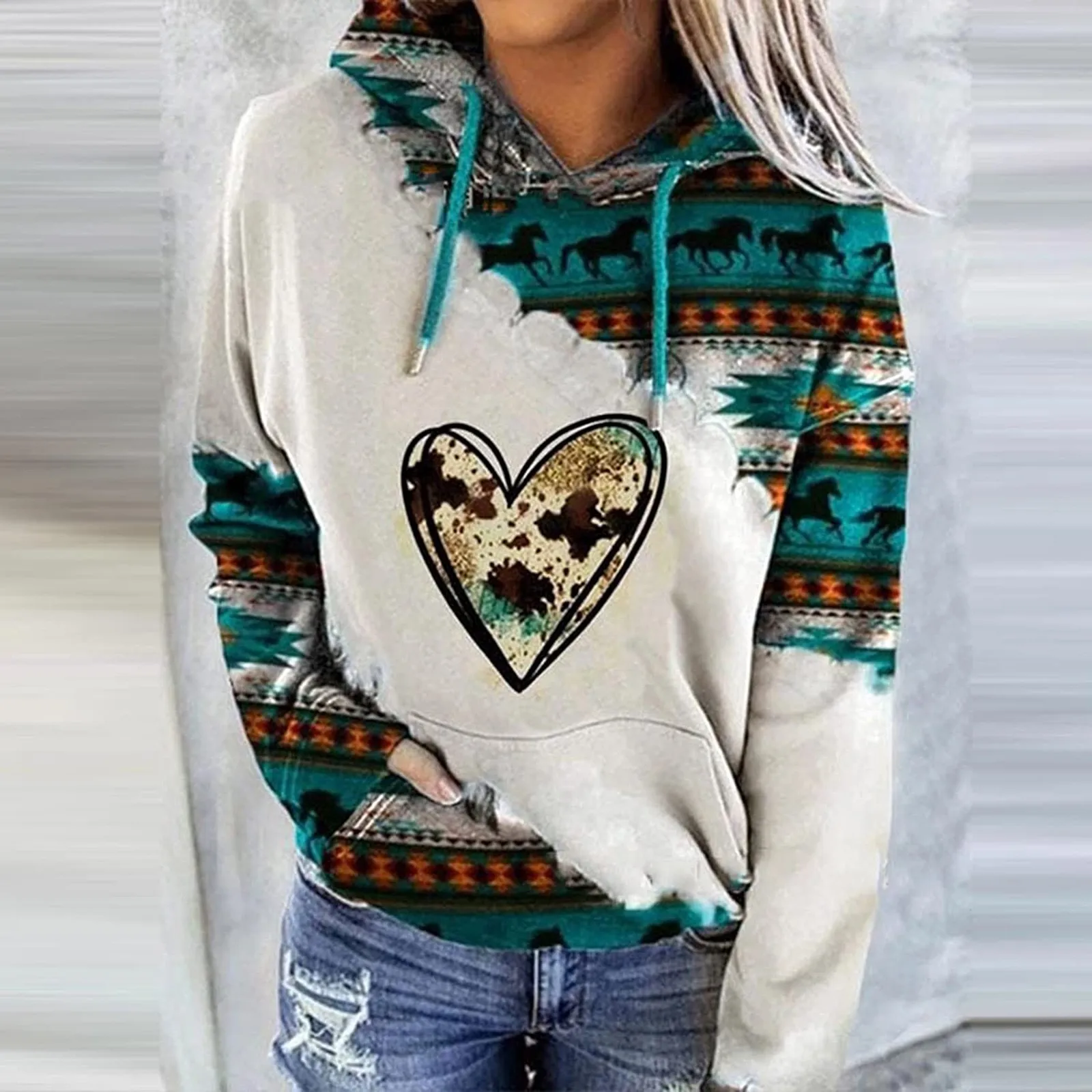 Womens Casual Geometric Horse Print Long Sleeve Drawstring Pullover Tops, Ethnic Style Hooded Sweatshirt plus size women clothin