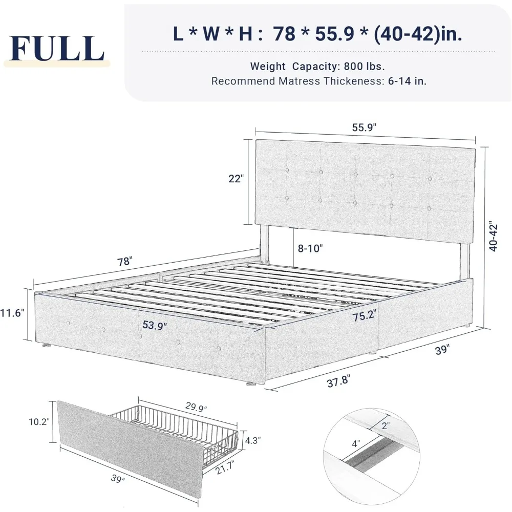 Cadre de lit à plateforme pleine grandeur, 4 égouts de proximité de stockage et planche de sauna, bouton cousu carré touffeté