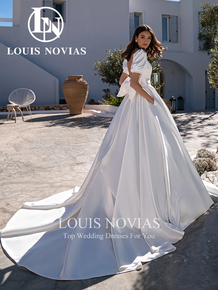 LOUIS NOVIAS Satin Wedding Dress Sexy Puff Sleeve Ball Gown Wedding Gown V-neck Pocket Chapel Train Bride Dress Robe De Mariage