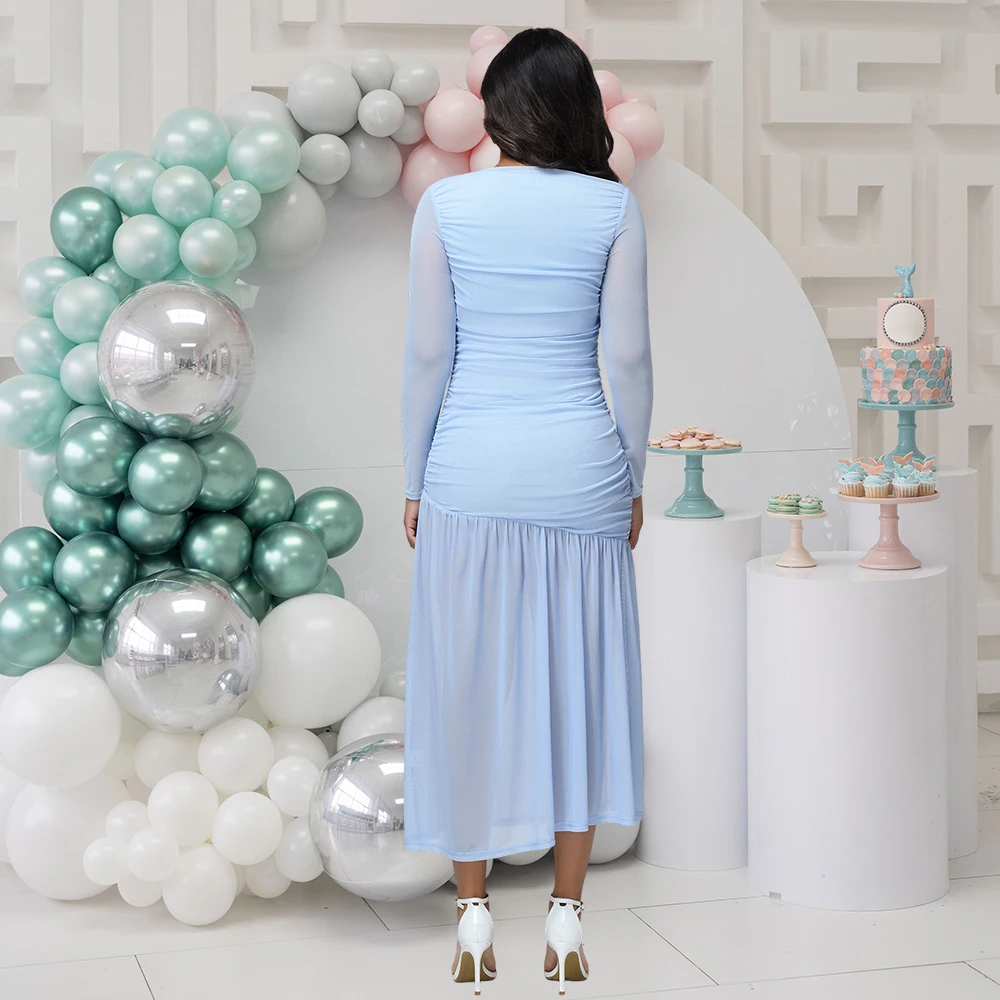 الأمومة طاقم الرقبة انظر من خلال الأكمام الطويلة فستان مطوي شبكة خياطة Bodycon التصوير ثوب لاستحمام الطفل التقطت الصور