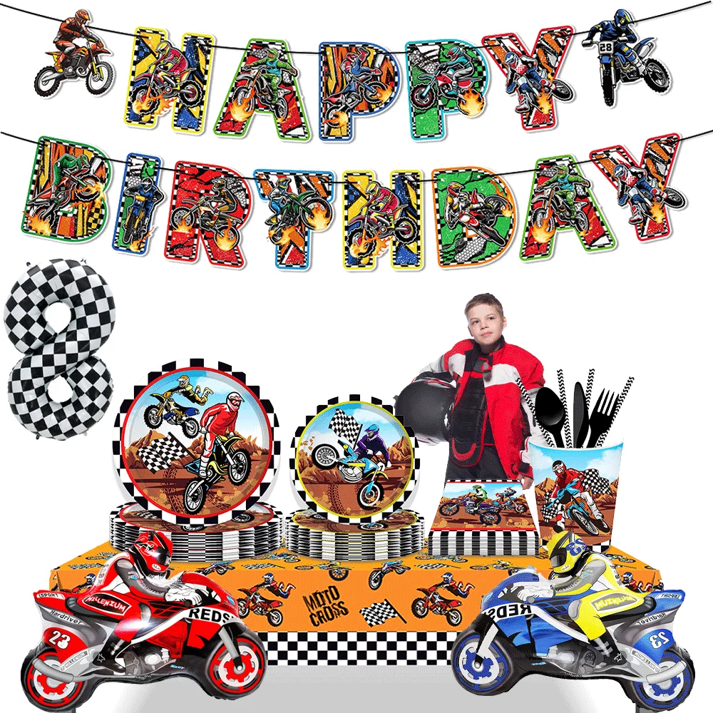 

Motocross Dirt Bike Party Tableware Cups Plates Balloons Banner Boys Kids Motorcycle Birthday Party Decoration Favors Supplies