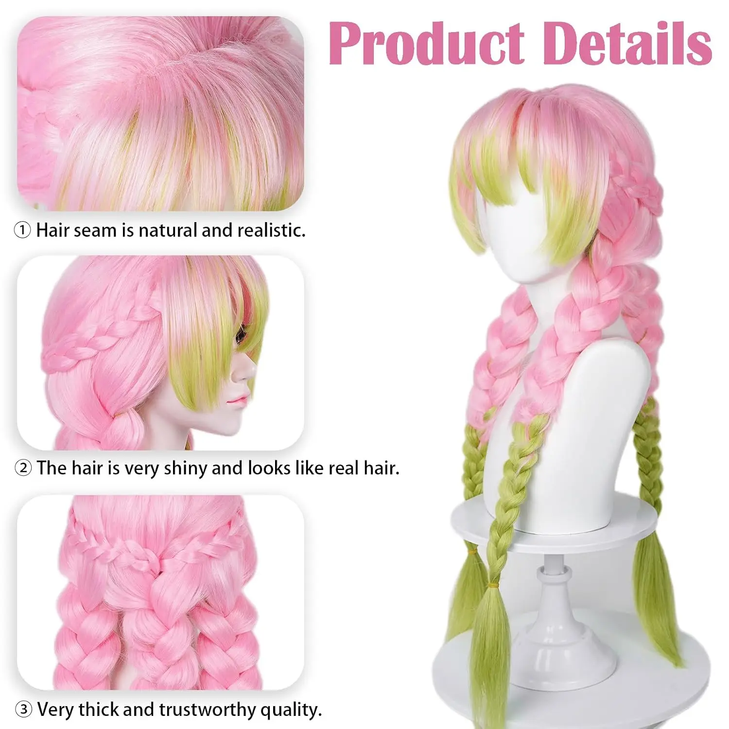 Max Beauty Anime Pink and Green Wig for Mitsuri Cosplay Braided Hair Wig with Pigtails Halloween Party + Cap view 3
