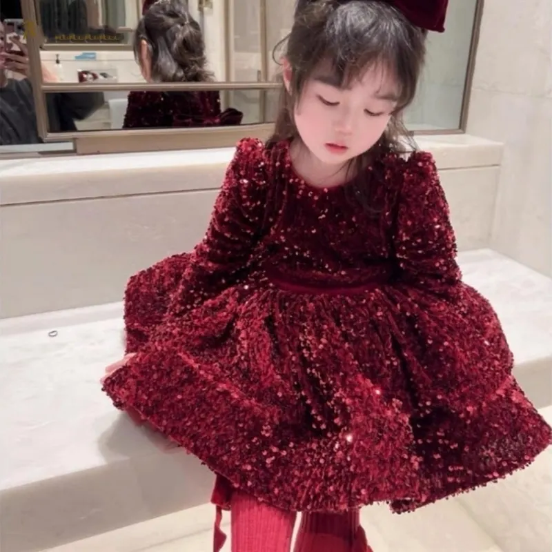 Baby Girl Long Sleeve Sequins Dress Infant Toddler Teen Child Vestido Party Birthday Christmas New Year Baby Clothes 1-14Y