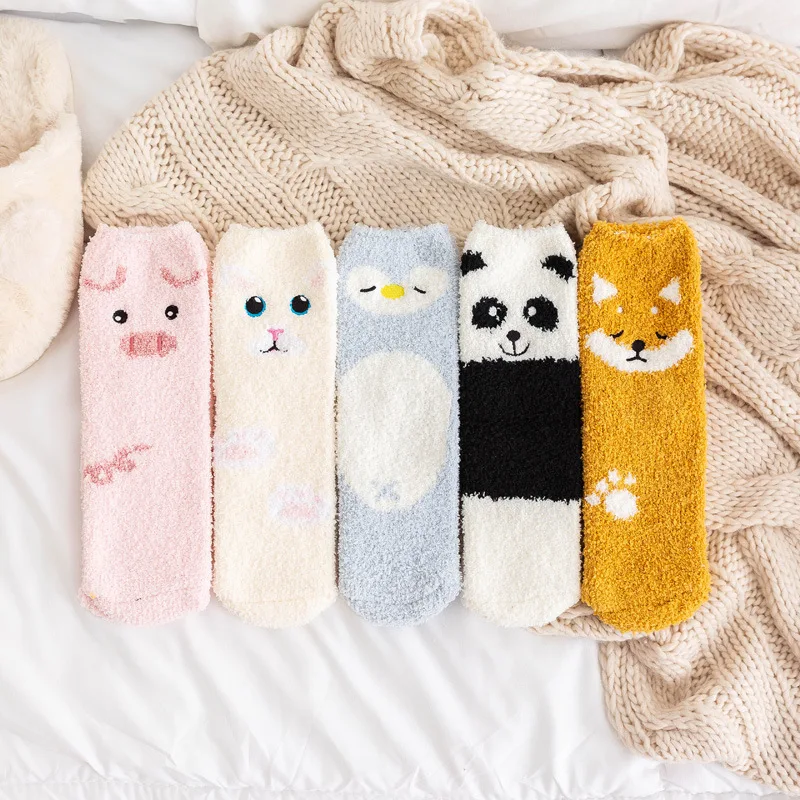 Lovely Cartoon Animals in Autumn and Winter Cat pig panda Sleeping Socks Home Floor Socks Plush ThiCkened Warm Middle Tube Socks