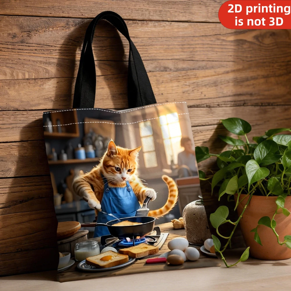 Cute Orange Cat Cooking Breakfast Pattern Tote Bag For Subway Commute Grocery Shopping Daily Outing Beach Travel Picnic
