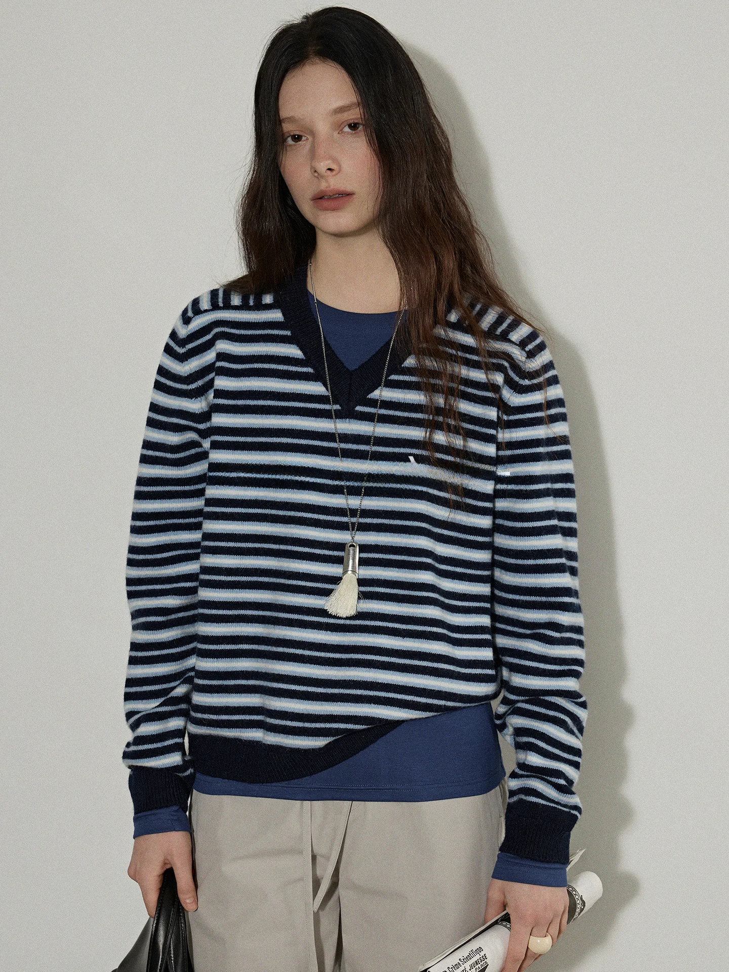

Lofi Choose Women's Knitted Loose Shoulder Sleeve Sweater Spring New Style Casual Top Color Block Striped Long Sleeve V-Neck