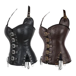 Espartilho café halterneck para mulheres, espartilho desossado, overbust sexy, gótico, bustier de couro sintético, espartilho steampunk, outwear