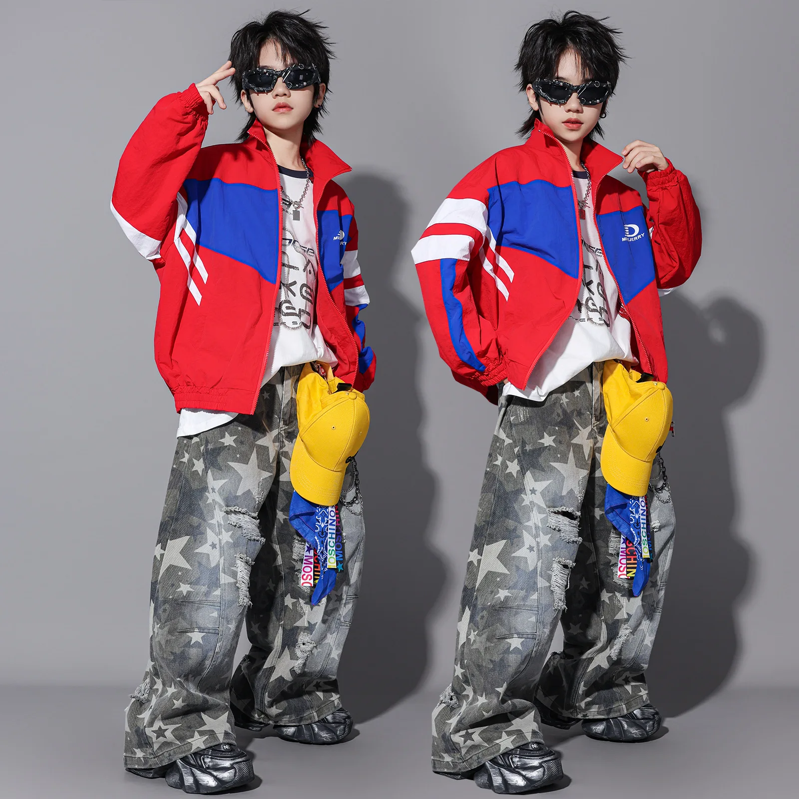 Kids Boy Girl Streetwear Hip Hop Casual Jacket Ribbed Baggy Pant Sets Children Teenager Stage Coat Trousers Tracksuit Costumes