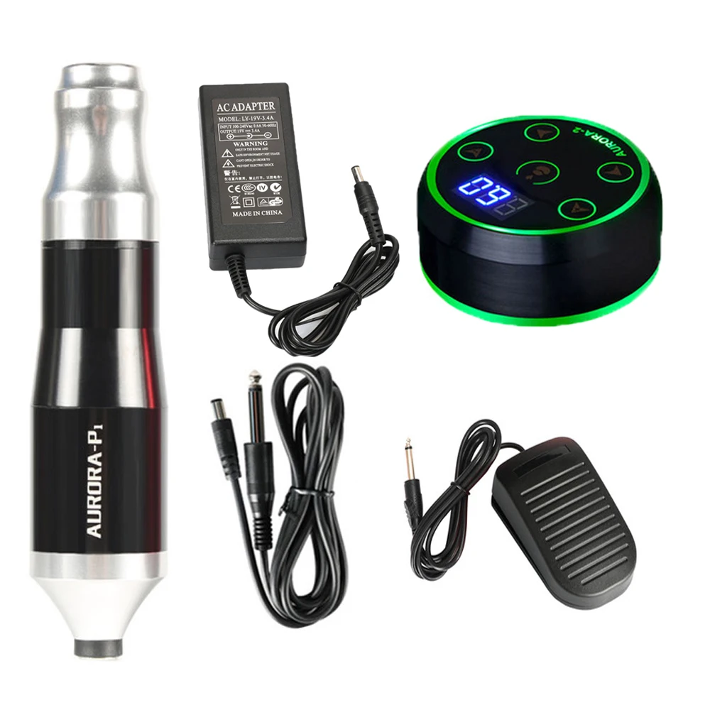 

Набор для татуировки: Профессиональная роторная машинка Aurora P1 с сенсорным ЖК-экраном, блок питания Aurora 2 и ножной педалью.