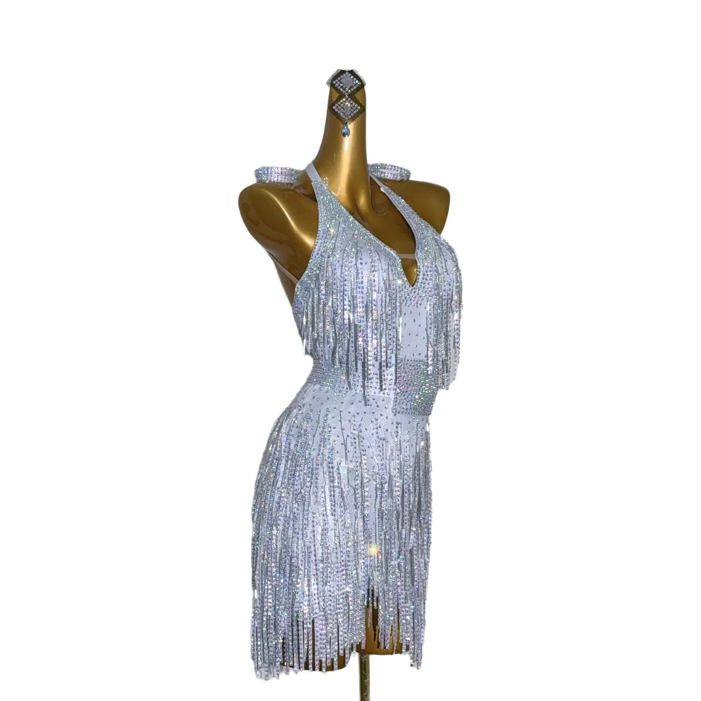 Ballerino latino per bambini adulti Abito da performance in pietra AB di fascia alta personalizzato argento bianco diamante striscia nappa tango samba