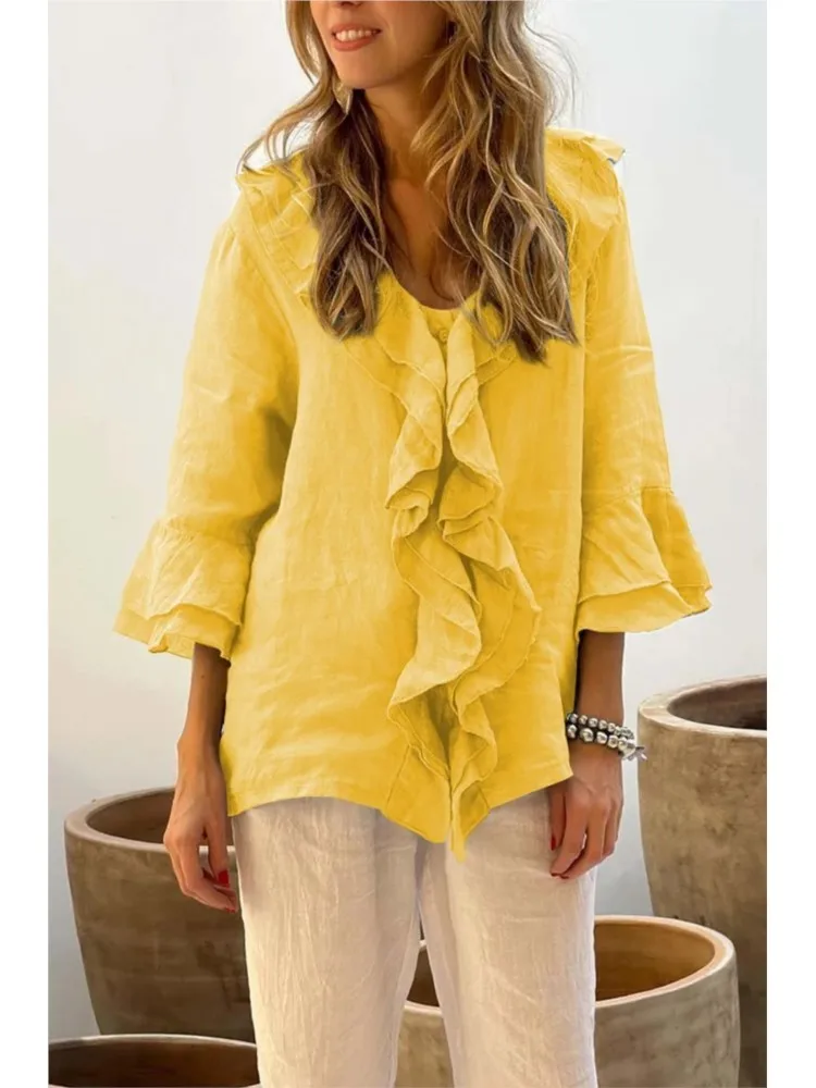 Casual Vintage Solid Ruffle Shirts Top 2024 Women Spring Autumn Elegant V Neck Button Office Top 3/4 Flying Sleeve Loose Blouses