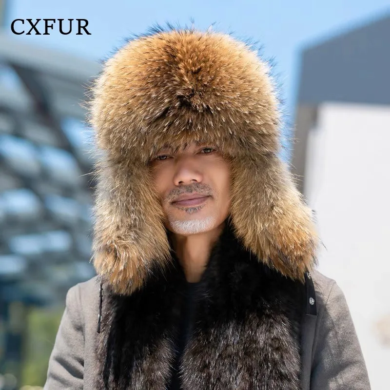 Classic Leather Top Russian Style Fluffy Warmer Real Raccoon Fur Hat CX-C-47A